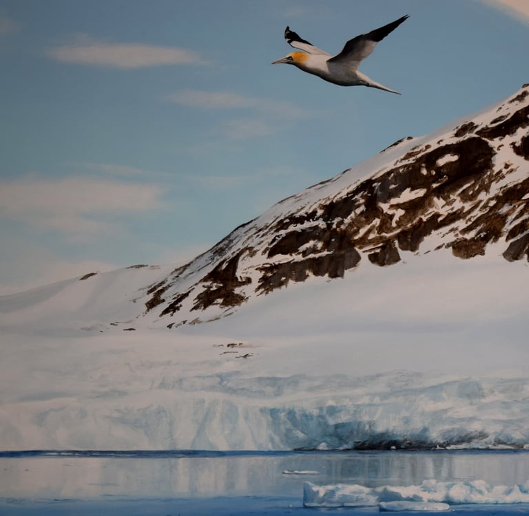 Un oiseau volant au-dessus d'un glacier de l'arctique, des montagnes en arrière plan