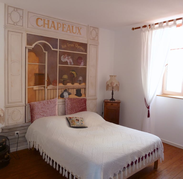 Chambre d'hôtes thème les chapeaux anciens, fresque peinte sur un mur intérieur en tête de lit