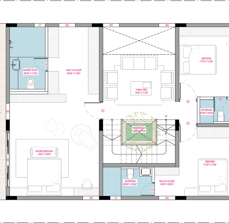 West facing Fortune Hestia villa first floor plan featuring bedrooms with attached balconies 