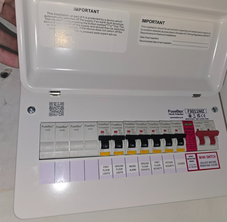 Completed FuseBox consumer unit upgrade with RCBOs and surge protection in Ashford