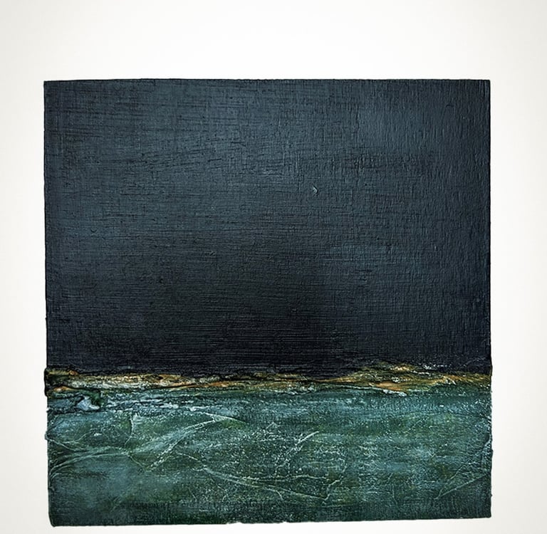 Mixed media abstract art. Landscape abstract. Laurence Moracchini Ditchling Studio.