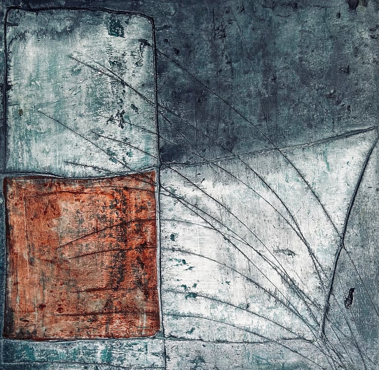 Mixed media abstract art. Neo Expressionism abstract art. Laurence Moracchini Ditchling Studio.