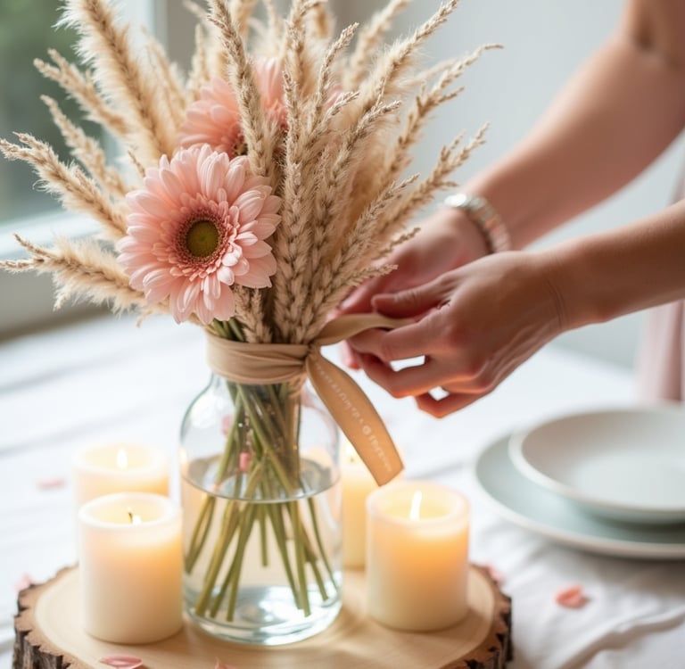 Centre de table DIY avec fleurs séchées et bougies idéal mariage