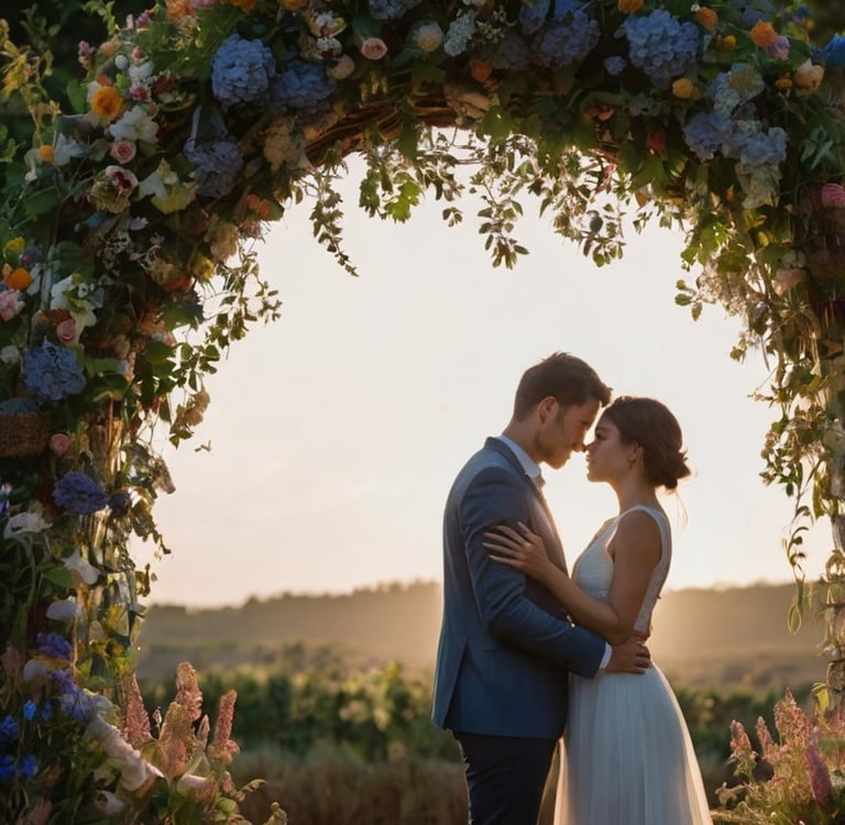 Mariage romantique, Arche fleurie avec compositions pastel, sol pavé, ambiance féerique