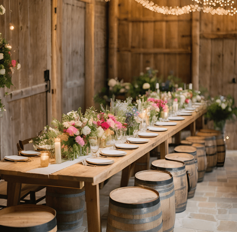 Mariage rustique, décor rustique avec palette en bois, tonneaux décoratifs, fleurs de saison