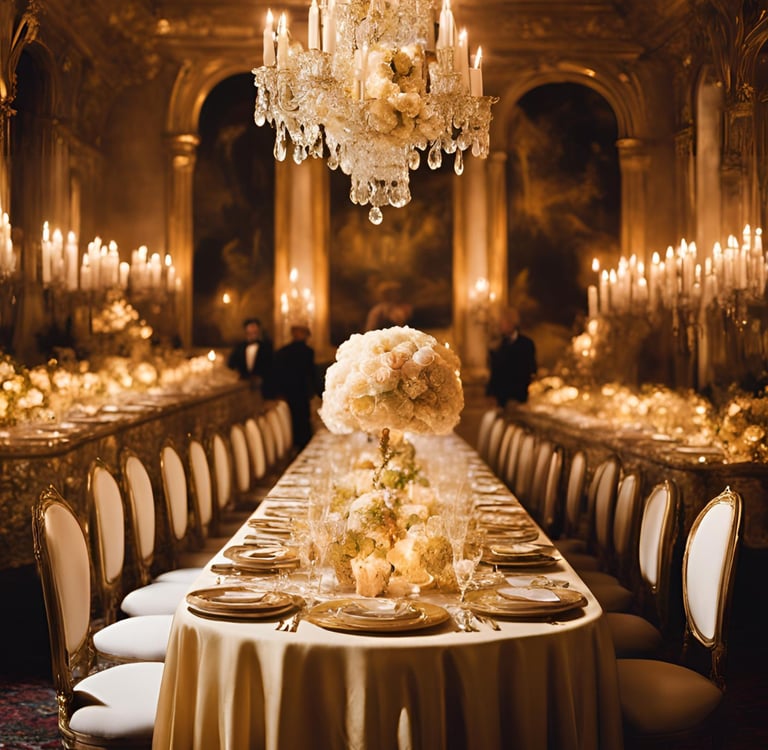 table de reception glamour nappes dorees assiettes rococo