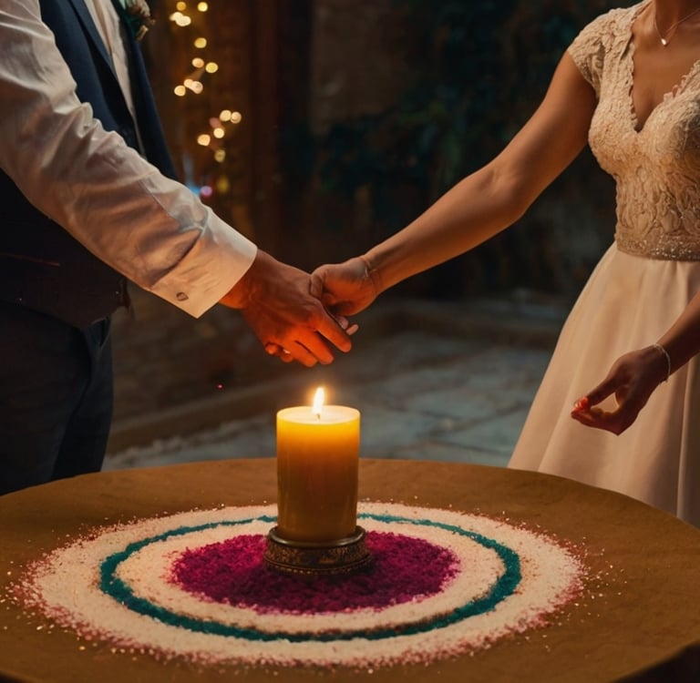 Couple réalisant un rituel symbolique entouré de leurs proches durant leur mariage