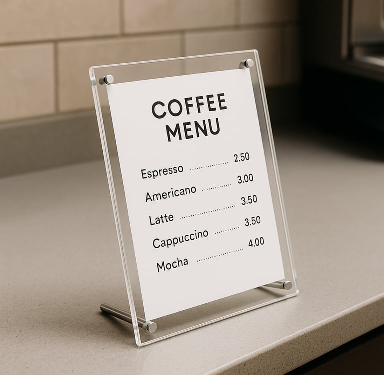 printed coffee menu mounted in acrylic standee
