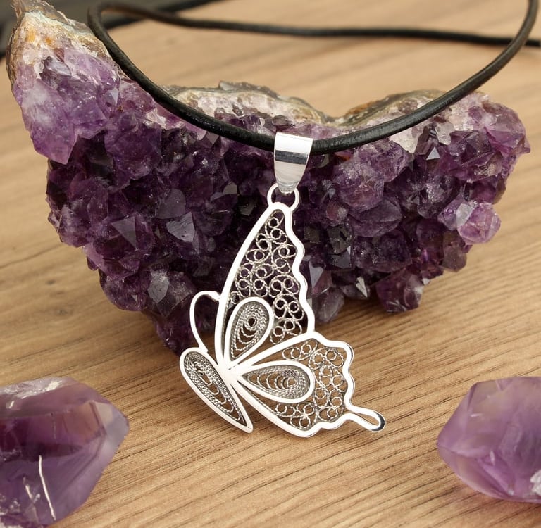 Handmade sterling silver filigree butterfly necklace