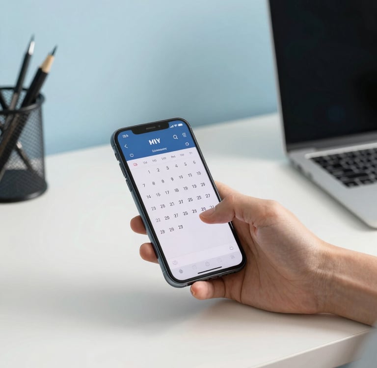 A person in a sunny North American / US home office using a smartphone to manage a busy calendar. The aesthetic is clean and modern, with soft sky blue desk accessories and a minimalist vibe that suggests productivity and ease.