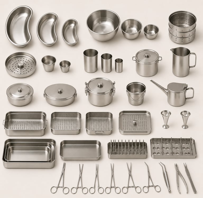 Stainless steel medical hollowware for surgical and clinical use