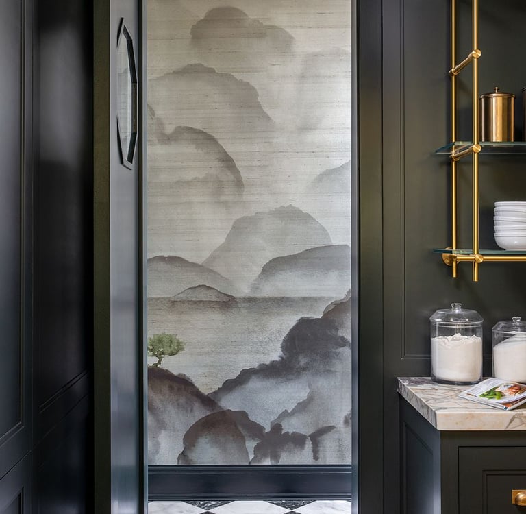 a kitchen with a black and white wallpaper and a black and white wallpaper