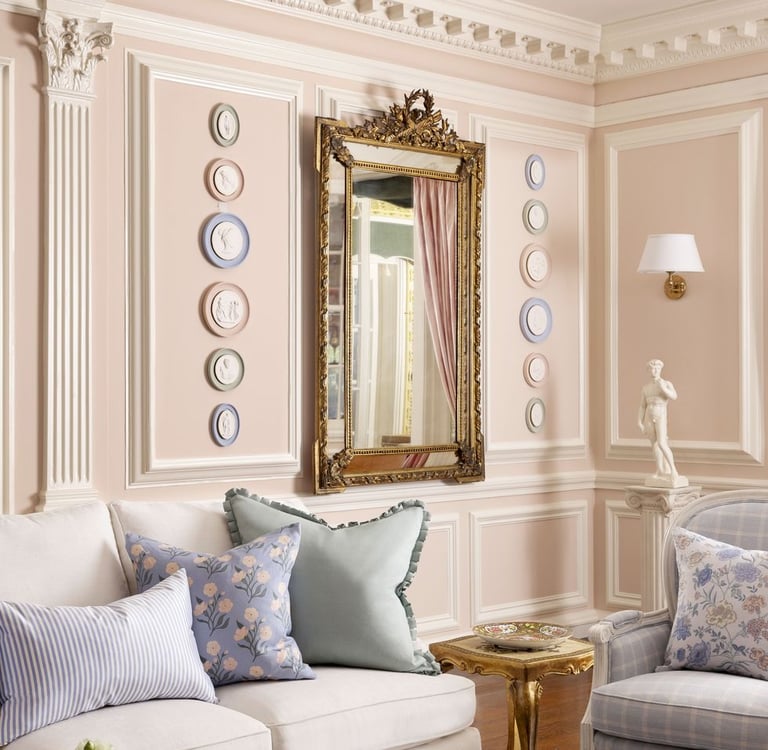 a living room with a couch and a mirror