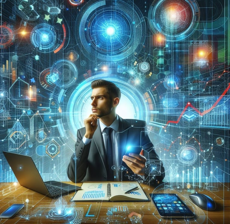 a man in a suit and tie is sitting at a desk with a laptop and