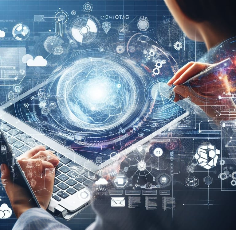 a person holding a laptop computer and a tablet