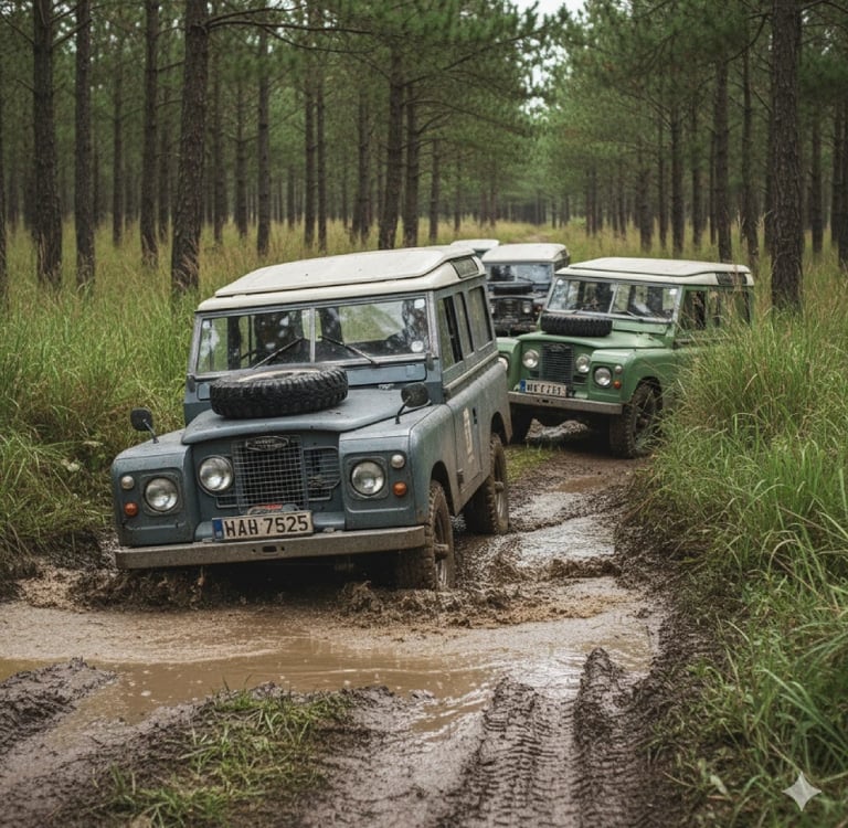 Mobil 4x4 Land Rover klasik melewati trek berlumpur yang dikelilingi pohon pinus