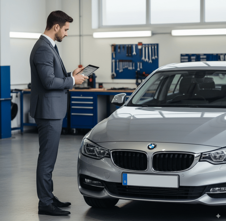 Perito judicial inspecciona un coche con una tablet durante una valoración pericial