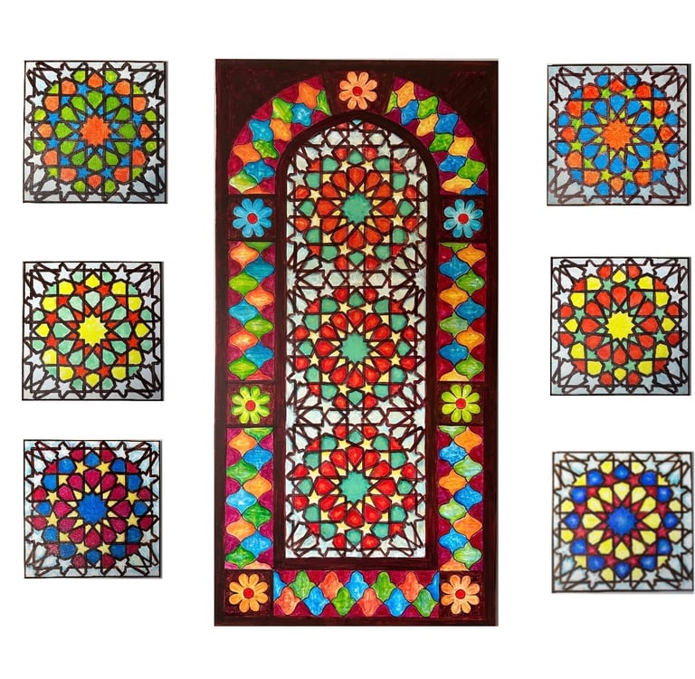 A set of one large 24x48 and 6 small 12x12 paintings of middle eastern stained glass windows