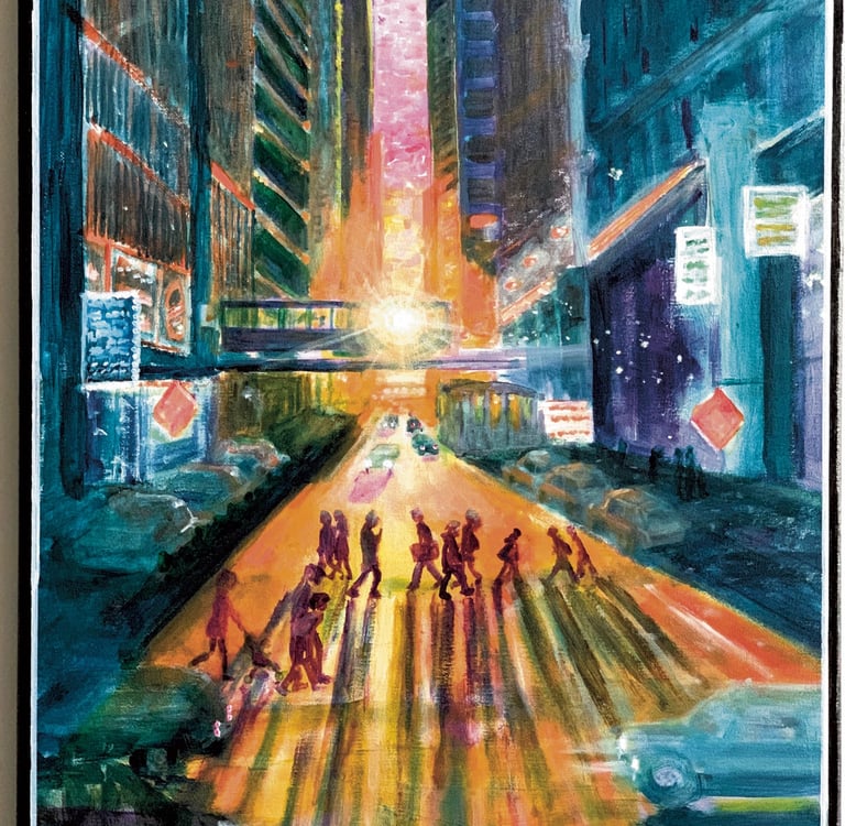 Sun setting perfectly aligned with the street in between buildings in downtown