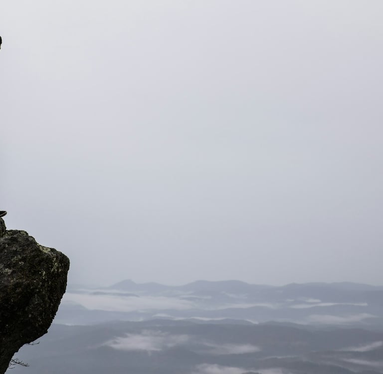 A man in a red jacket standing on a cliff rock, looking out at the plains against a cloudy grey sky