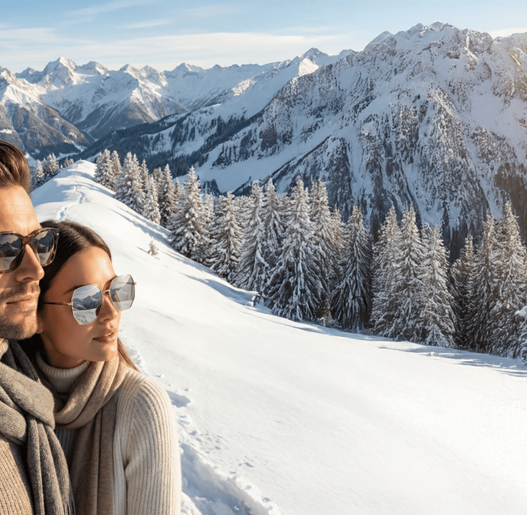 Para w okularach przeciwsłonecznych w górach. Promocja LOOKASZ OPTYK