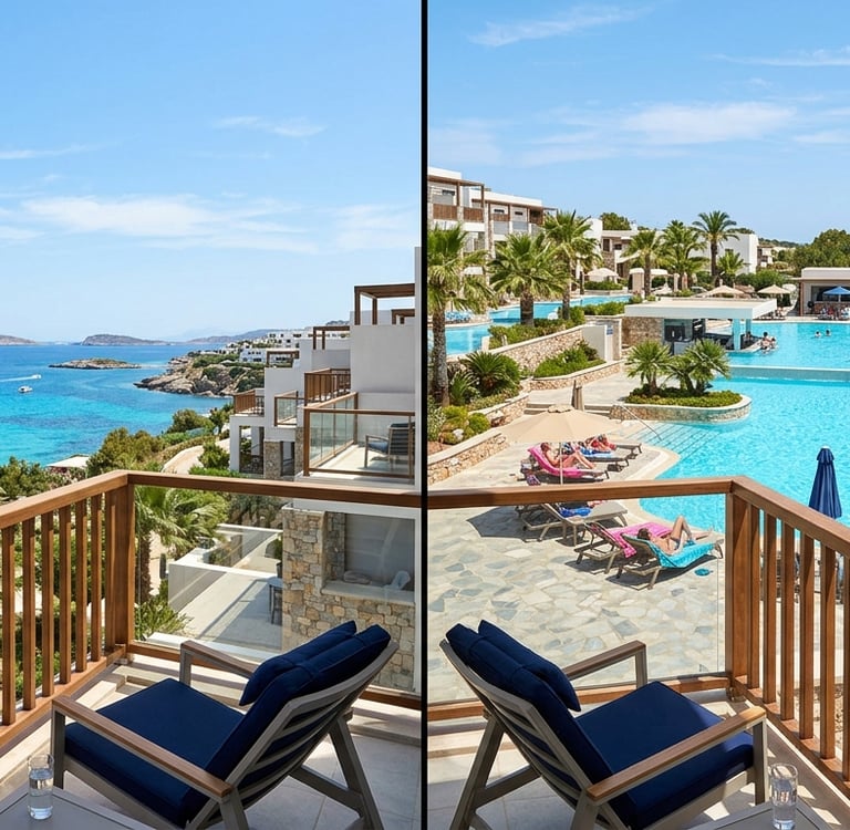 Sea view and pool view apartments compared in a coastal resort setting.