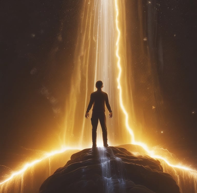 a man visualizing universal healing energy flowing from a waterfall