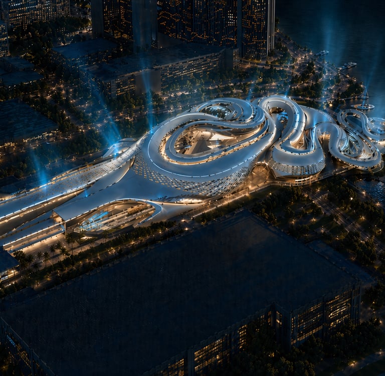 Aerial night view of a futuristic waterfront building with organic curves and glowing lights.