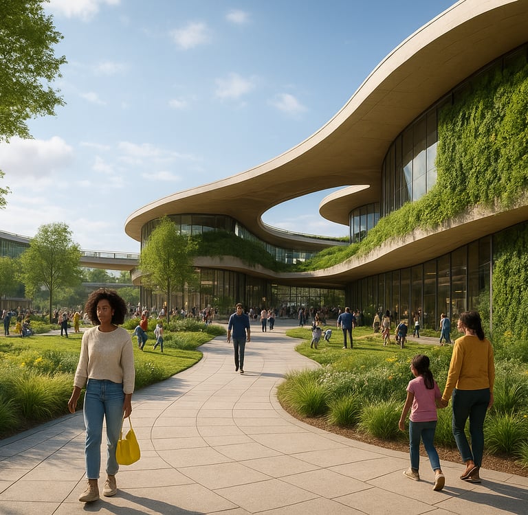 Elevated green spaces on buildings that serve as community hubs and enhance biodiversity