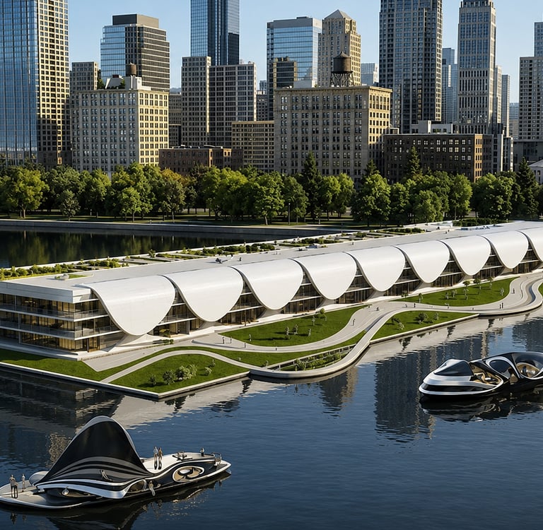 Modern futuristic floating building with wave-shaped roof on a city riverfront with skyscrapers.