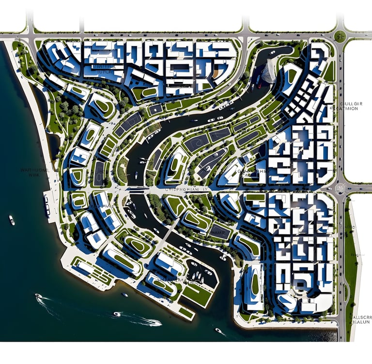 Waterfront urban masterplan architecture organized by canals and walkable public spaces in Abu Dhabi