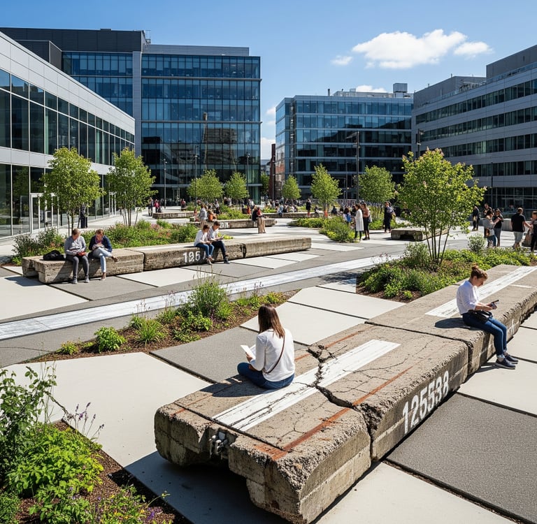 Eco-Reuse of Existing Runway Material: Repurposing segments of the old runway into seating, paving, 