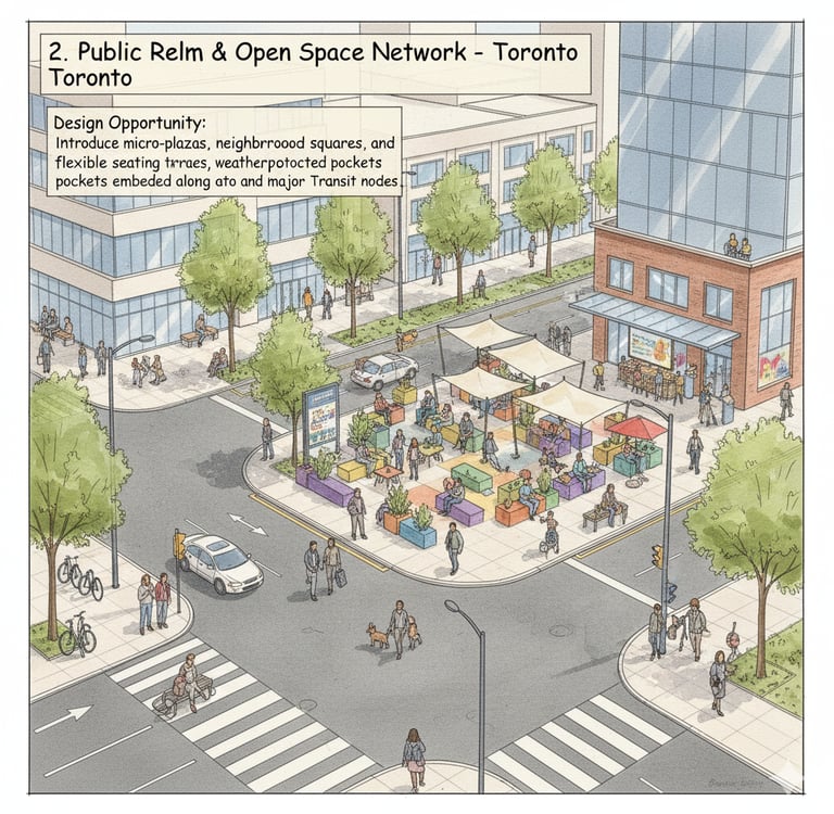 Urban public realm architecture study exploring mobility corridors and civic spaces in Toronto