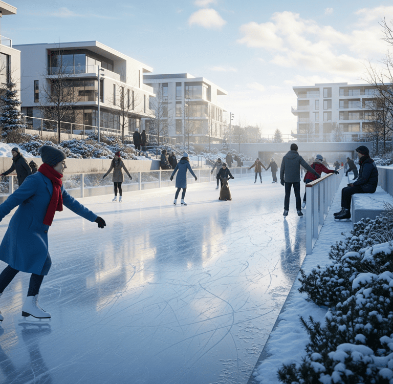  A seasonal feature that can be a water lane in the summer and an ice rink in the winter.