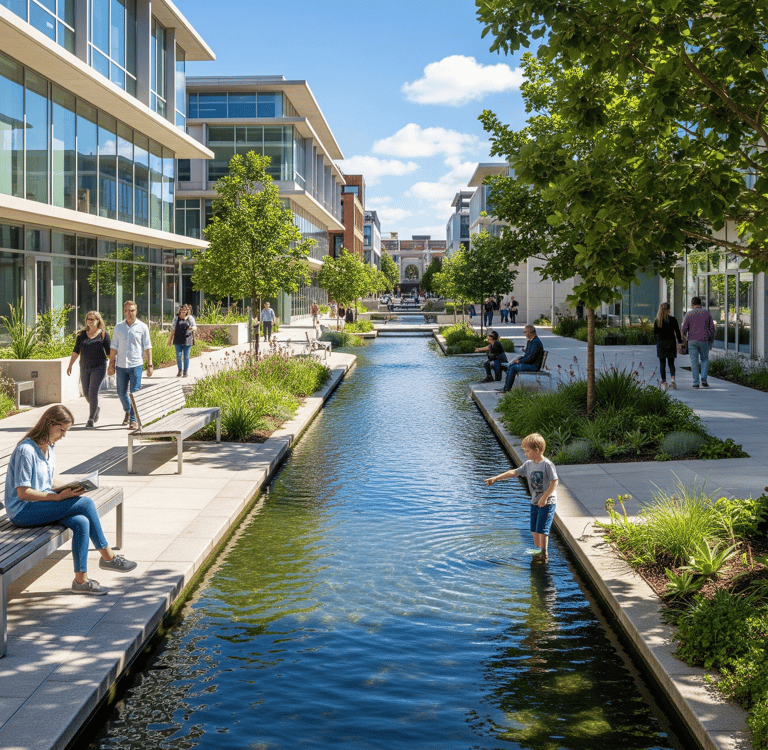 A network of bioswales, permeable surfaces, and stormwater retention basins for water management