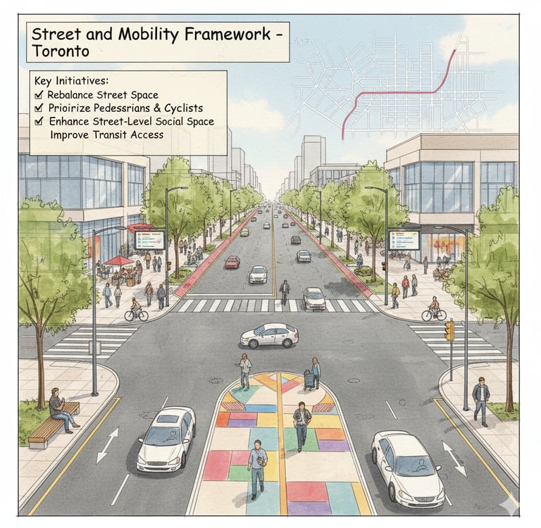Urban public realm architecture study exploring mobility corridors and civic spaces in Toronto