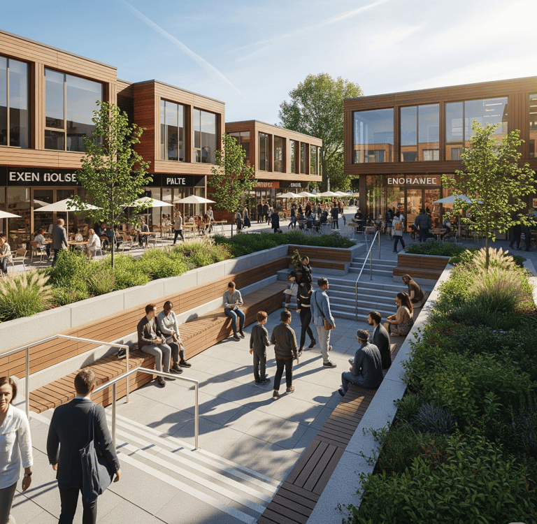 These spaces can include sport fields, fitness stations, and art installations.