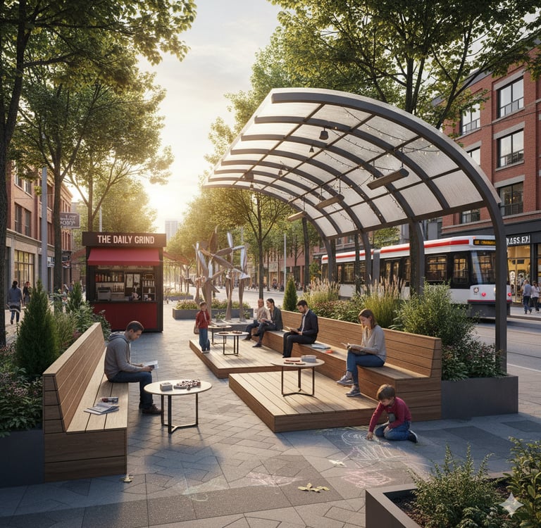 Urban public realm architecture study exploring mobility corridors and civic spaces in Toronto