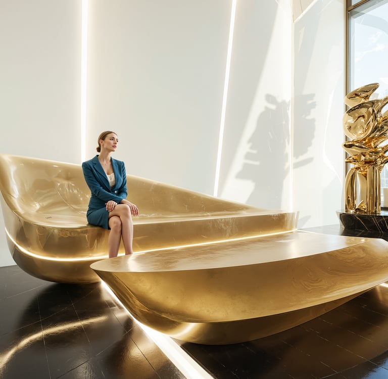 Luxury custom furniture design featuring sculptural lounge seating with brushed brass base