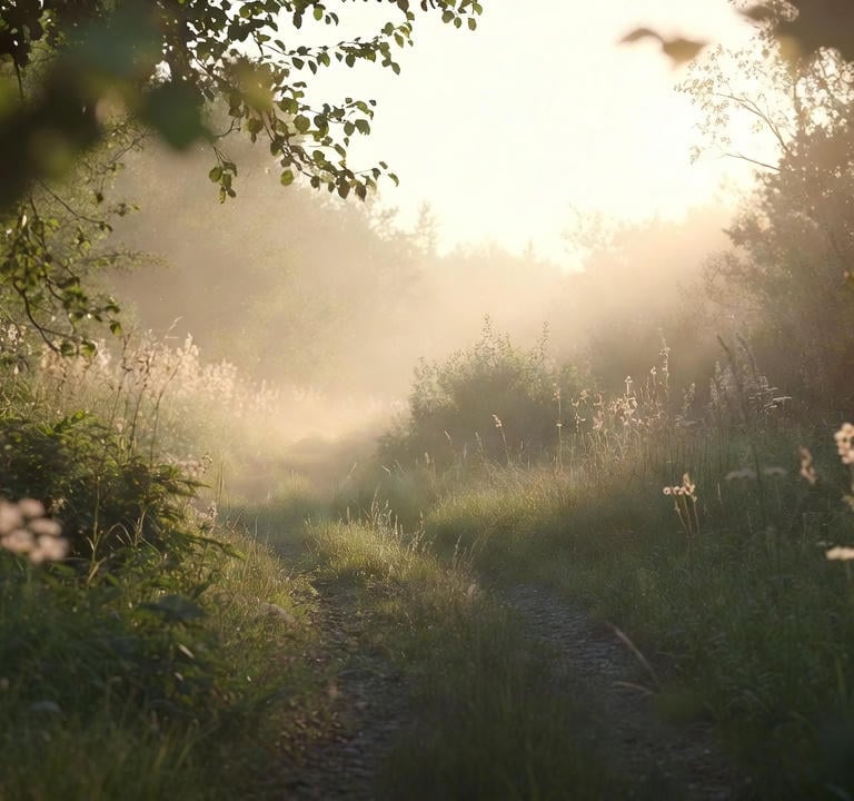 Chemin lumineux à travers un paysage naturel symbolisant le parcours de guérison des troubles alimen