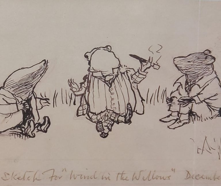 4" x 6" ink sketch of Rat, Mole & Toad by Ernest Shepard