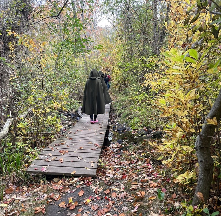 A person wearing a hooded green cloak walks along a wooden boardwalk trail during peak autumn foliage.