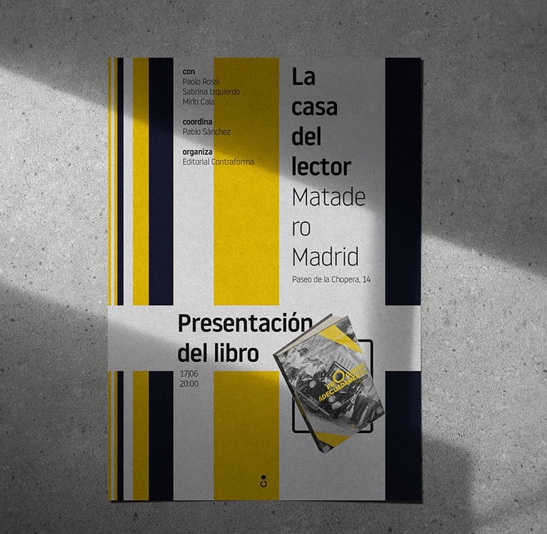 Material promocional diseñado por EDITORIAL CONTRAFORMA para la presentación de un libro