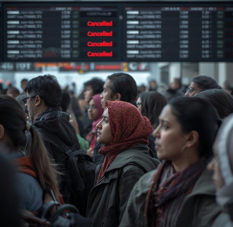 A crowd of passengers at Karachi's Jinnah International Airport anxiously looking at a flight inform