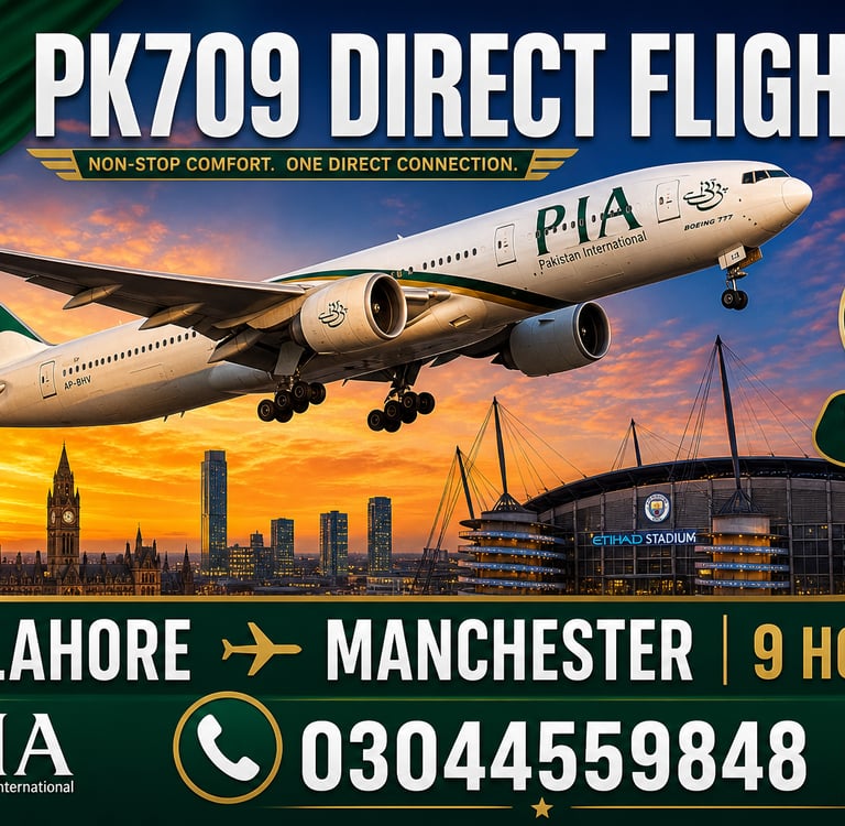 PIA Boeing 777 flying from Lahore to Manchester on a PK709 direct flight over the Etihad Stadium at sunset.