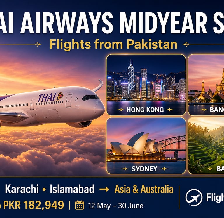 Thai Airways midyear sale for flights from Pakistan to Hong Kong, Bangkok, Sydney, and Bali.