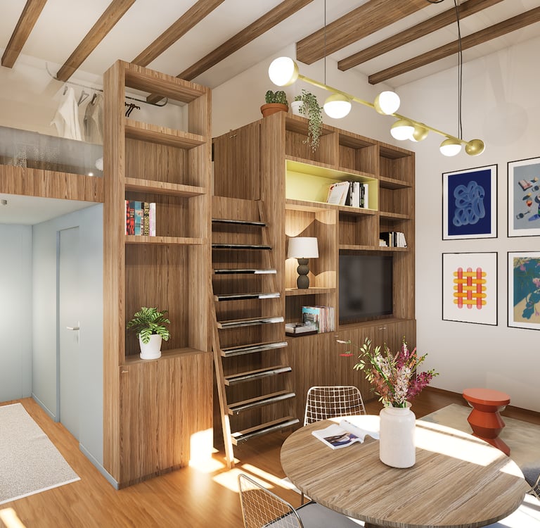 Aménagement intérieur Airbnb Lyon - salon moderne avec bibliothèque bois sur mesure - Studio 975