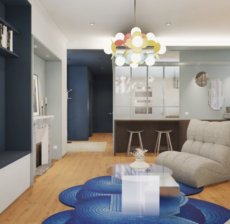 Rénovation appartement Lyon - espace ouvert cuisine salon avec suspension design - architecte intéri