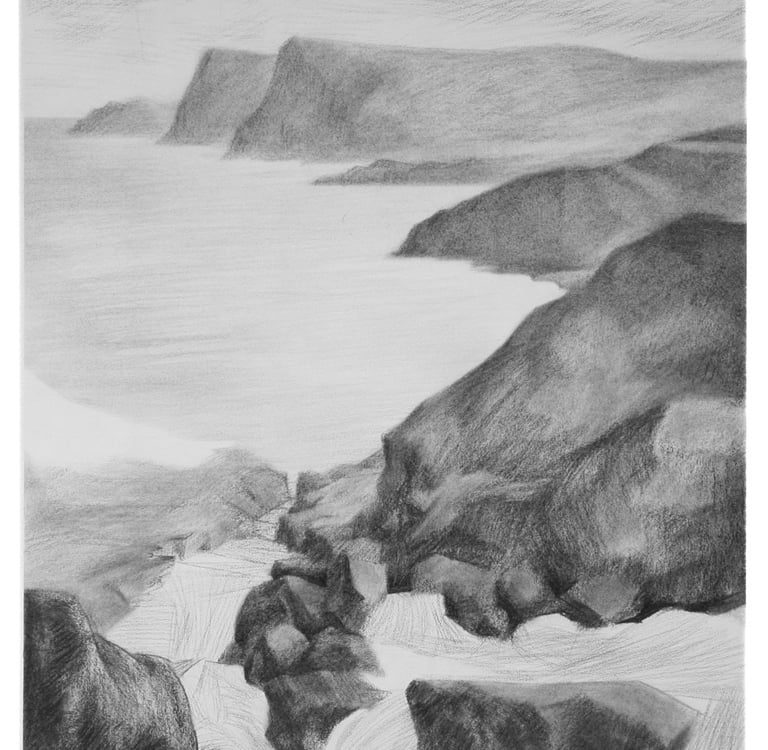 a drawing of a rocky beach with rocks and water