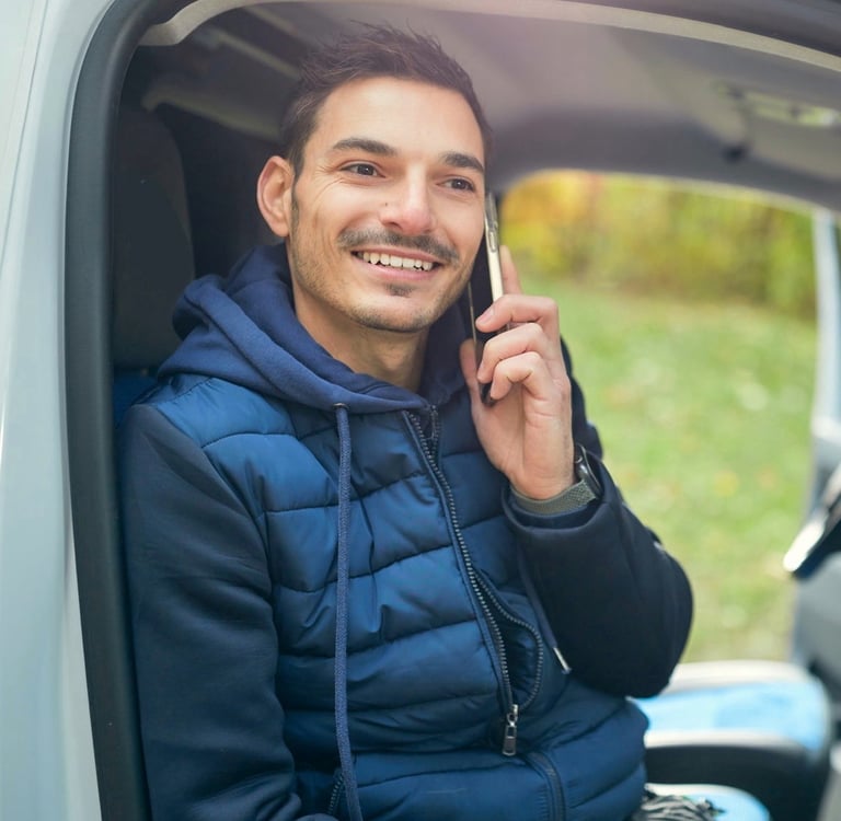 a man in a blue jacket is talking on a cell phone
